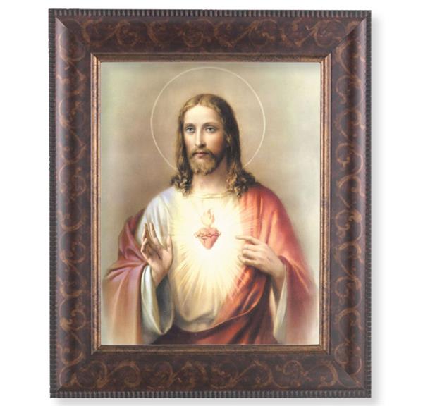 Sacred Heart of Jesus Picture, 11-1/4"x13-1/4, Antique Gold & Espresso Frame, Italian Print Under Glass # 25790