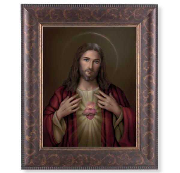Sacred Heart of Jesus Picture, 11-1/4"x13-1/4, Antique Gold & Espresso Frame, Italian Print Under Glass # 25792