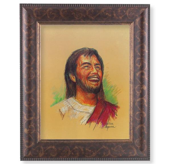 Laughing Jesus Picture, 11-1/4"x13-1/4, Antique Gold & Espresso Frame, Italian Print Under Glass # 25812