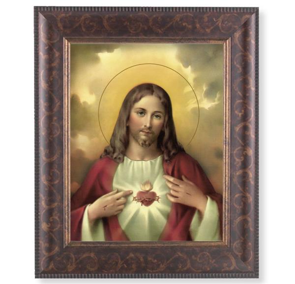 Sacred Heart of Jesus Picture, 11-1/4"x13-1/4, Antique Gold & Espresso Frame, Italian Print Under Glass # 25813