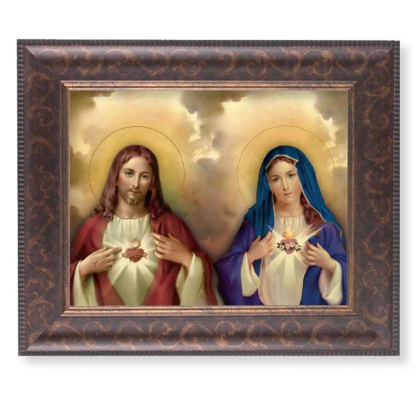 The Sacred Hearts Picture, 11-1/4"x13-1/4, Antique Gold & Espresso Frame, Italian Print Under Glass # 25818