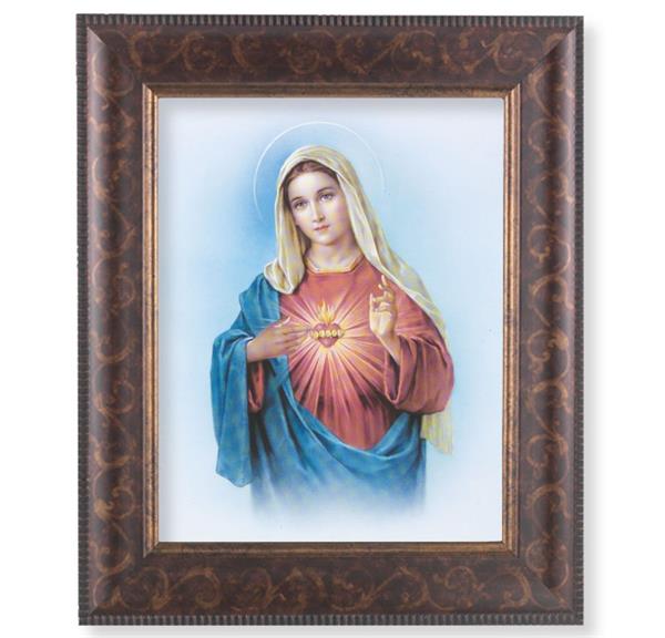 Immaculate Heart of Mary Picture, 11-1/4"x13-1/4, Antique Gold & Espresso Frame, Italian Print Under Glass # 25820