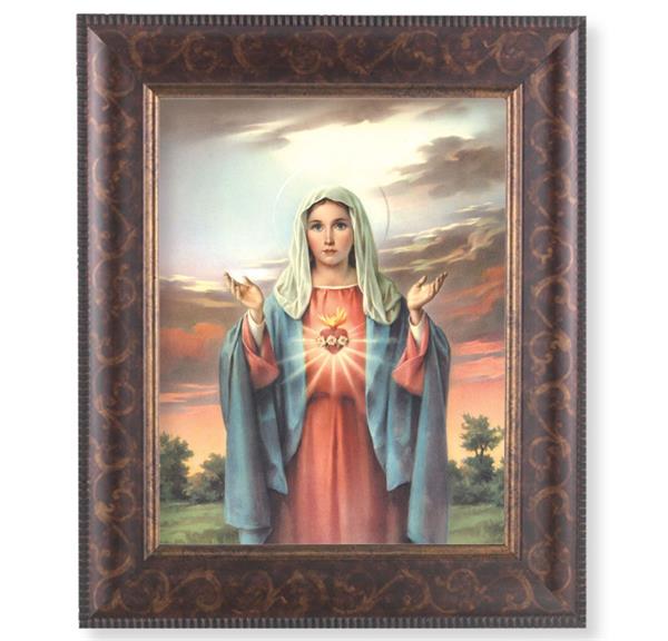 Immaculate Heart of Mary Picture, 11-1/4"x13-1/4, Antique Gold & Espresso Frame, Italian Print Under Glass # 25825