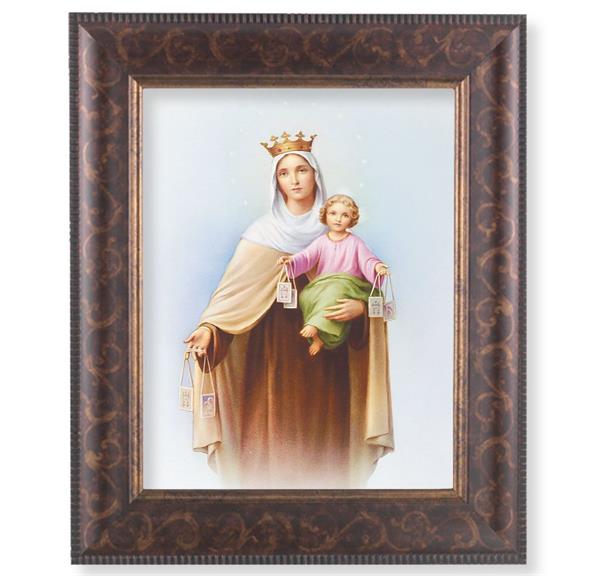 Our Lady of Mount Carmel Picture, 11-1/4"x13-1/4, Antique Gold & Espresso Frame, Italian Print Under Glass # 25826