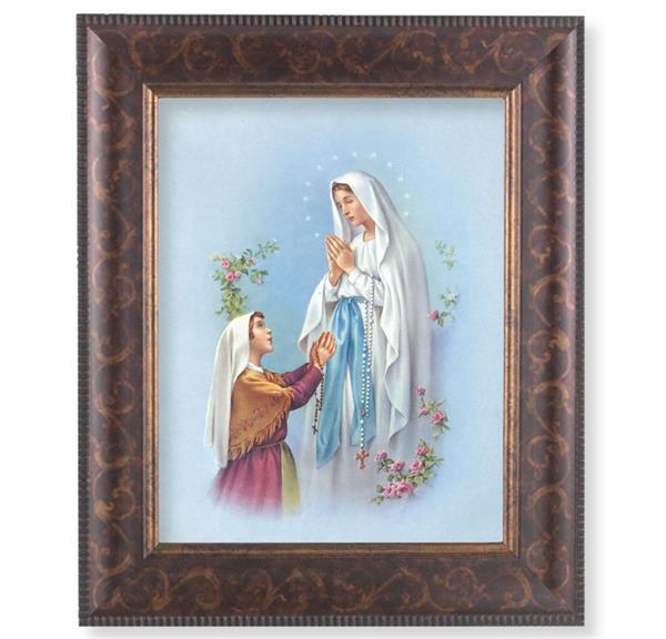 Our Lady of Lourdes Picture, 11-1/4"x13-1/4, Antique Gold & Espresso Frame, Italian Print Under Glass # 25829