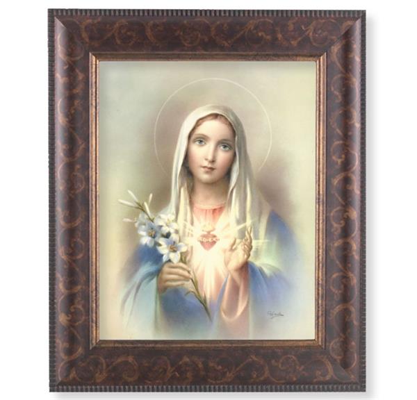 Immaculate Heart of Mary Picture, 11-1/4"x13-1/4, Antique Gold & Espresso Frame, Italian Print Under Glass # 25830