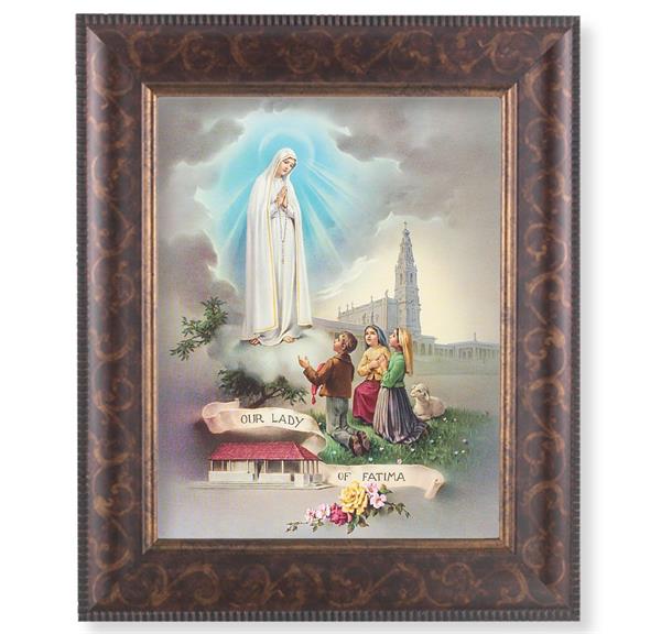 Our Lady of Fatima Picture, 11-1/4"x13-1/4, Antique Gold & Espresso Frame, Italian Print Under Glass # 25831