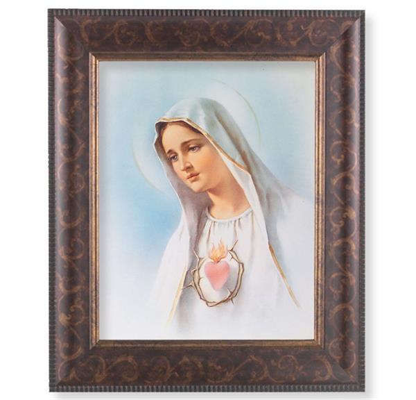 Immaculate Heart of Mary Picture, 11-1/4"x13-1/4, Antique Gold & Espresso Frame, Italian Print Under Glass # 25832