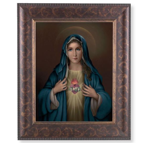 Immaculate Heart of Mary Picture, 11-1/4"x13-1/4, Antique Gold & Espresso Frame, Italian Print Under Glass # 25833