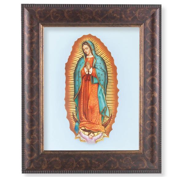 Our Lady of Guadalupe Picture, 11-1/4"x13-1/4, Antique Gold & Espresso Frame, Italian Print Under Glass # 25834