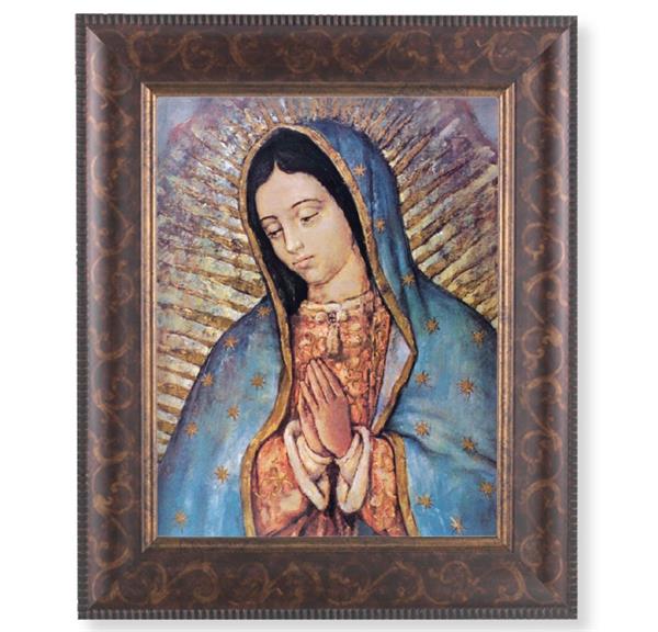 Our Lady of Guadalupe Picture, 11-1/4"x13-1/4, Antique Gold & Espresso Frame, Italian Print Under Glass # 25835