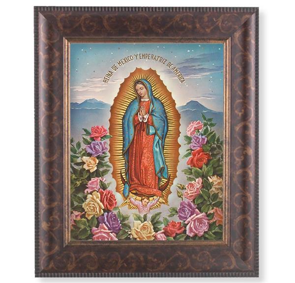 Our Lady of Guadalupe Picture, 11-1/4"x13-1/4, Antique Gold & Espresso Frame, Italian Print Under Glass # 25836