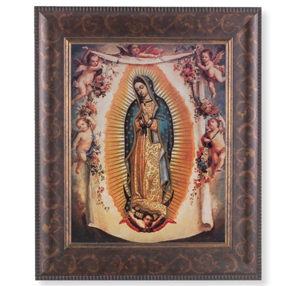 Our Lady of Guadalupe with Angels Picture, 11-1/4"x13-1/4, Antique Gold & Espresso Frame, Italian Print Under Glass # 25838