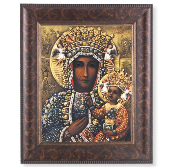 Our Lady of Czestochowa Picture, 11-1/4"x13-1/4, Antique Gold & Espresso Frame, Italian Print Under Glass # 25839