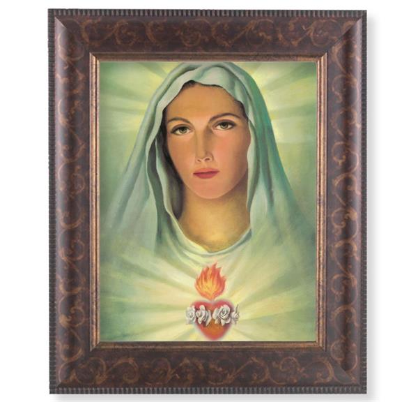 Immaculate Heart of Mary Picture, 11-1/4"x13-1/4, Antique Gold & Espresso Frame, Italian Print Under Glass # 25848