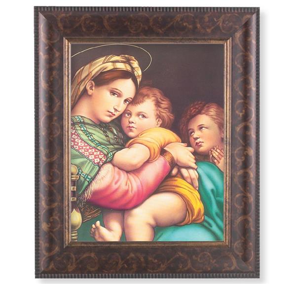 Raphael Madonna and Child Picture, 11-1/4"x13-1/4, Antique Gold & Espresso Frame, Italian Print Under Glass # 25853