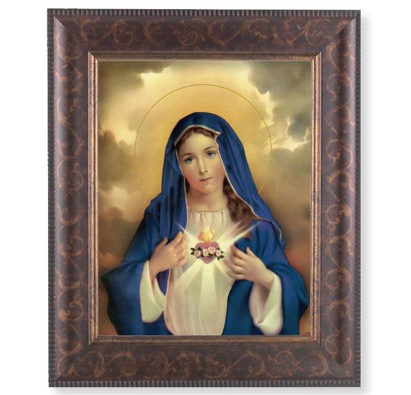 Immaculate Heart of Mary Picture, 11-1/4"x13-1/4, Antique Gold & Espresso Frame, Italian Print Under Glass # 25857