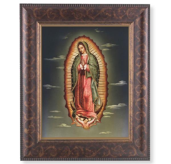 Our Lady of Guadalupe Picture, 11-1/4"x13-1/4, Antique Gold & Espresso Frame, Italian Print Under Glass # 25861