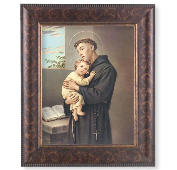 St. Anthony of Padua Picture, 11-1/4"x13-1/4, Antique Gold & Espresso Frame, Italian Print Under Glass # 25864