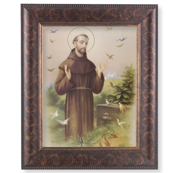 St. Francis of Assisi Picture, 11-1/4"x13-1/4, Antique Gold & Espresso Frame, Italian Print Under Glass # 25865