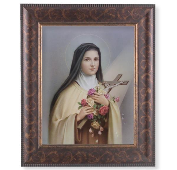 St. Therese of Lisieux Picture, 11-1/4"x13-1/4, Antique Gold & Espresso Frame, Italian Print Under Glass # 25871
