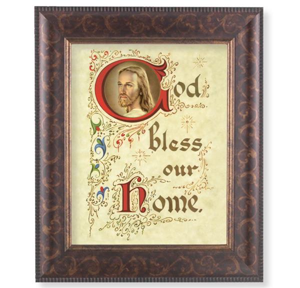 God Bless Our Home Picture, 11-1/4"x13-1/4, Antique Gold & Espresso Frame, Italian Print Under Glass # 25882