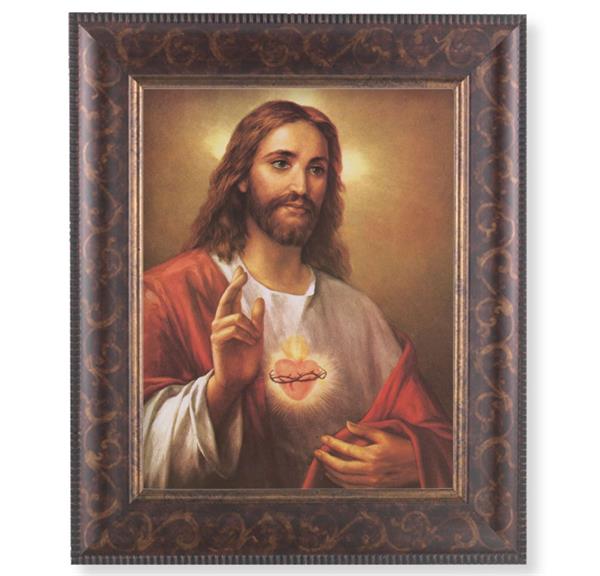 Sacred Heart of Jesus Picture, 11-1/4"x13-1/4, Antique Gold & Espresso Frame, Italian Print Under Glass # 25887