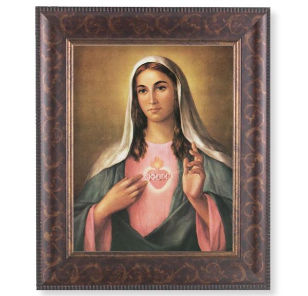 Immaculate Heart of Mary Picture, 11-1/4"x13-1/4, Antique Gold & Espresso Frame, Italian Print Under Glass # 25888