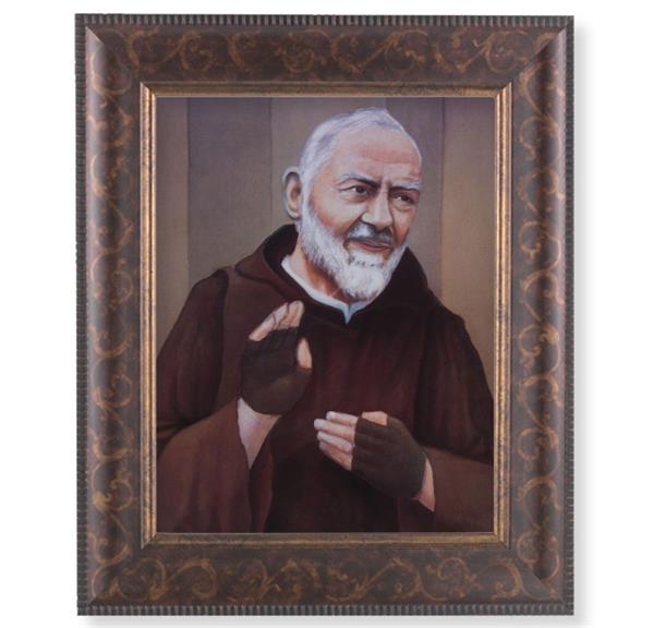 St. Padre Pio Picture, 11-1/4"x13-1/4, Antique Gold & Espresso Frame, Italian Print Under Glass # 25889