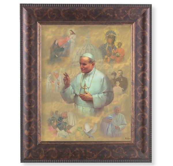 St. John Paul II Collage Picture, 11-1/4"x13-1/4, Antique Gold & Espresso Frame, Italian Print Under Glass # 25891