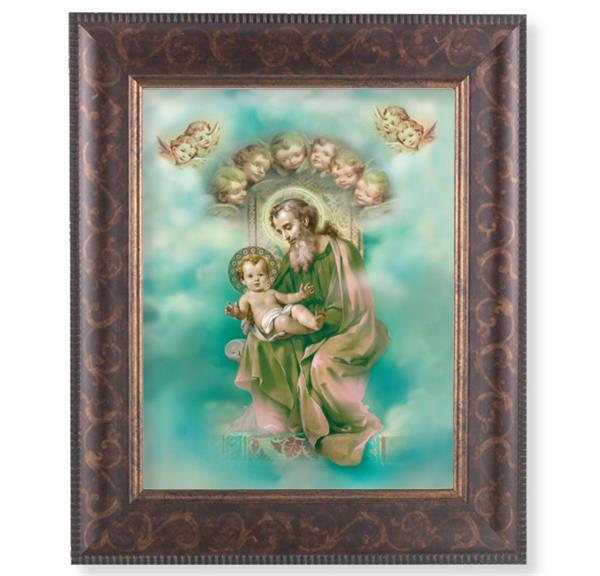 St. Joseph and Child Enthroned Picture, 11-1/4"x13-1/4, Antique Gold & Espresso Frame, Italian Print Under Glass # 25895