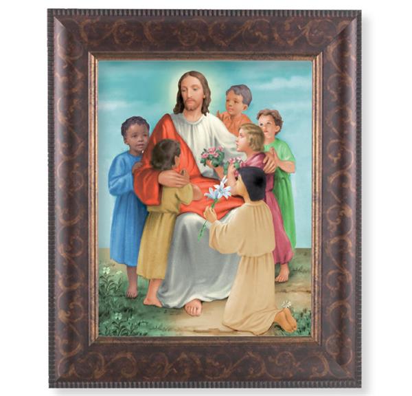 Christ with Children Picture, 11-1/4"x13-1/4, Antique Gold & Espresso Frame, Italian Print Under Glass # 25901