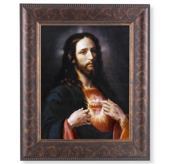 Sacred Heart of Jesus Picture, 11-1/4"x13-1/4, Antique Gold & Espresso Frame, Italian Print Under Glass # 25904