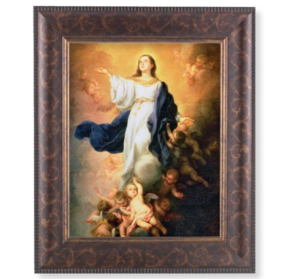 Immaculate Conception Picture, 11-1/4"x13-1/4, Antique Gold & Espresso Frame, Italian Print Under Glass # 25911