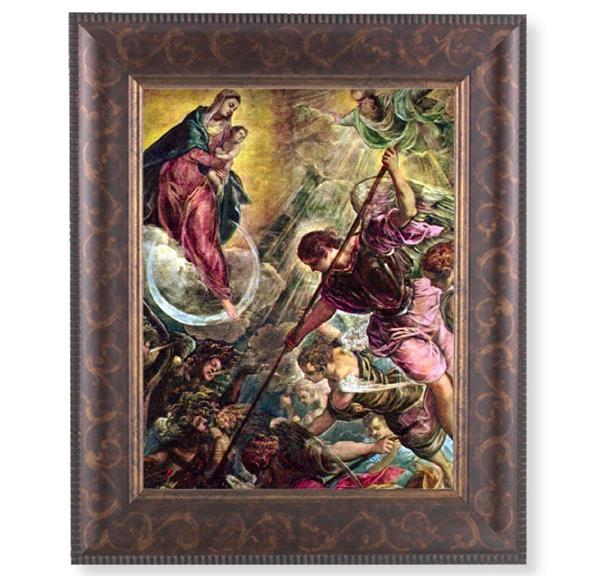 Battle of Archangel St. Michael Picture, 11-1/4"x13-1/4, Antique Gold & Espresso Frame, Italian Print Under Glass # 25919