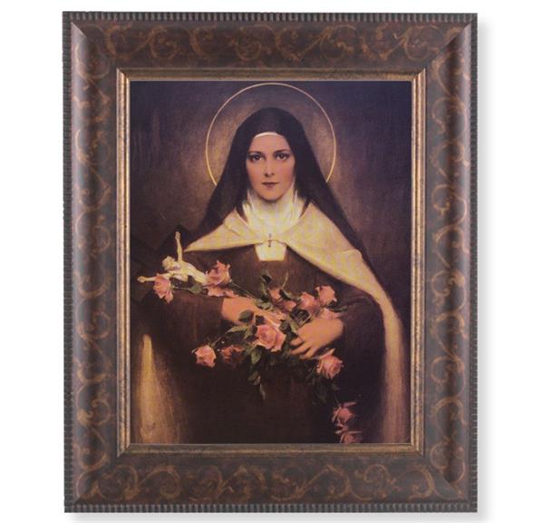 St. Therese of Lisieux Picture, 11-1/4"x13-1/4, Antique Gold & Espresso Frame, Italian Print Under Glass # 25921