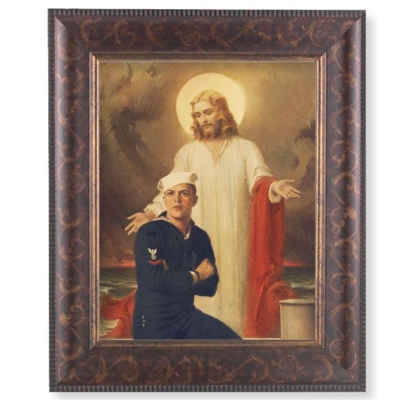 Jesus with Sailor Picture, 11-1/4"x13-1/4, Antique Gold & Espresso Frame, Italian Print Under Glass # 25923