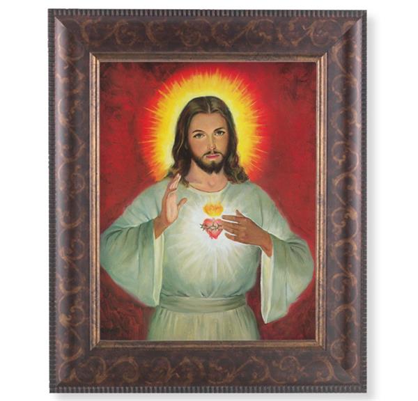 Sacred Heart of Jesus Picture, 11-1/4"x13-1/4, Antique Gold & Espresso Frame, Italian Print Under Glass # 25931