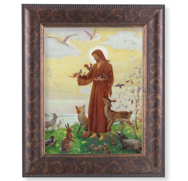 Jesus with Animals Picture, 11-1/4"x13-1/4, Antique Gold & Espresso Frame, Italian Print Under Glass # 25935