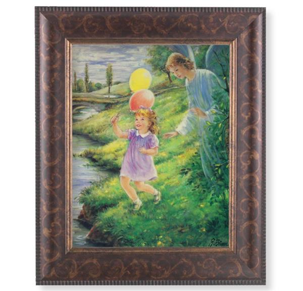 Guardian Angel with Girl Picture, 11-1/4"x13-1/4, Antique Gold & Espresso Frame, Italian Print Under Glass # 25940