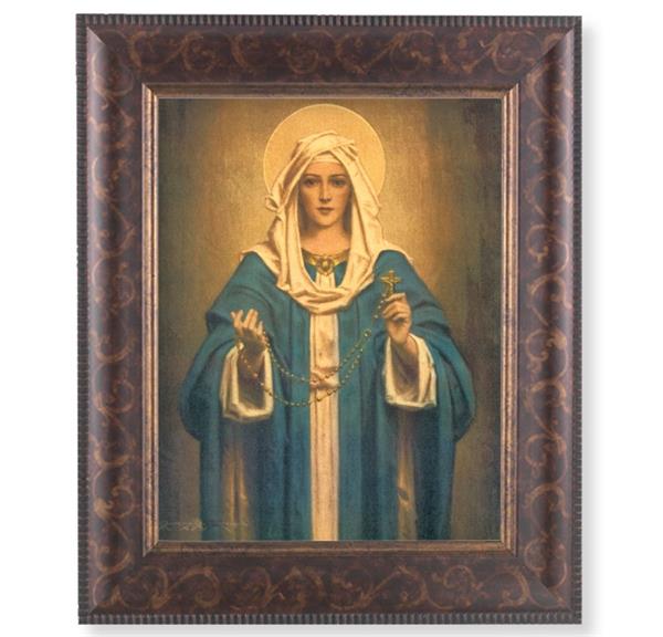 Our Lady of The Rosary Picture, 11-1/4"x13-1/4, Antique Gold & Espresso Frame, Italian Print Under Glass # 25946