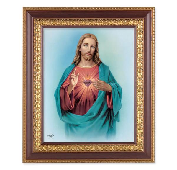 Sacred Heart, 11-1/2"x13-1/2, Cherry Finish with Gold Egg & Dart Frame, Italian Print Under Glass # 25950