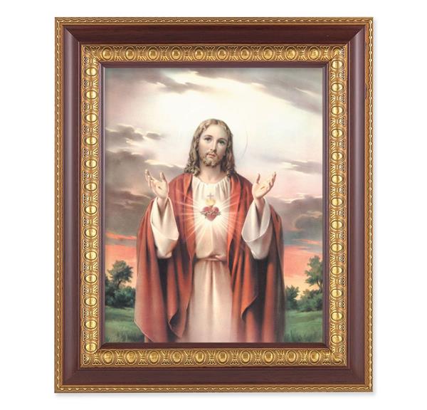 Sacred Heart of Jesus, 11-1/2"x13-1/2, Cherry Finish with Gold Egg & Dart Frame, Italian Print Under Glass # 25952