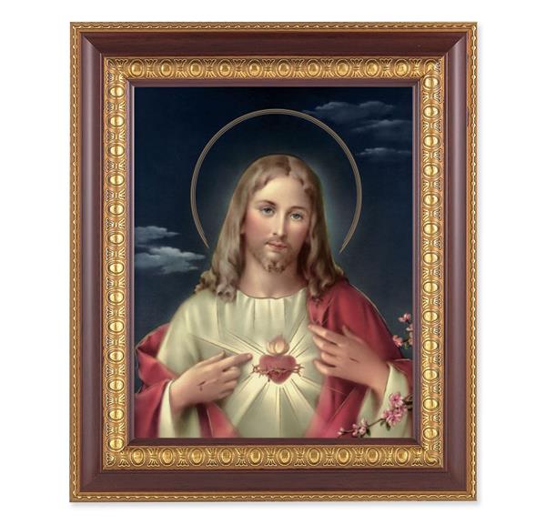 Sacred Heart of Jesus, 11-1/2"x13-1/2, Cherry Finish with Gold Egg & Dart Frame, Italian Print Under Glass # 25953