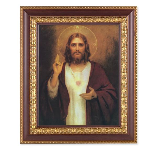 Chambers: Sacred Heart of Jesus, 11-1/2"x13-1/2, Cherry Finish with Gold Egg & Dart Frame, Italian Print Under Glass # 25956
