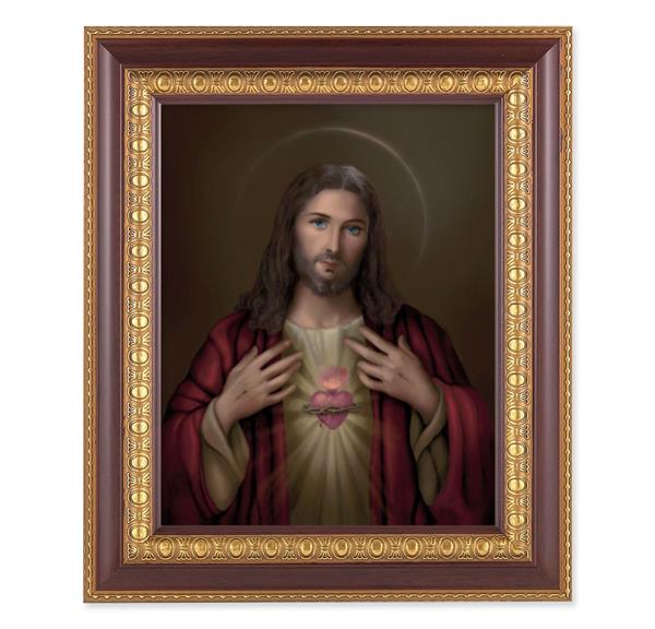 Sacred Heart of Jesus, 11-1/2"x13-1/2, Cherry Finish with Gold Egg & Dart Frame, Italian Print Under Glass # 25960