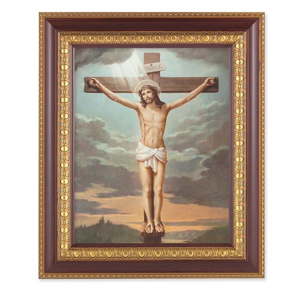 Crucifixion, 11-1/2"x13-1/2, Cherry Finish with Gold Egg & Dart Frame, Italian Print Under Glass # 25963