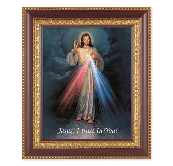 Divine Mercy, 11-1/2"x13-1/2, Cherry Finish with Gold Egg & Dart Frame, Italian Print Under Glass # 25964