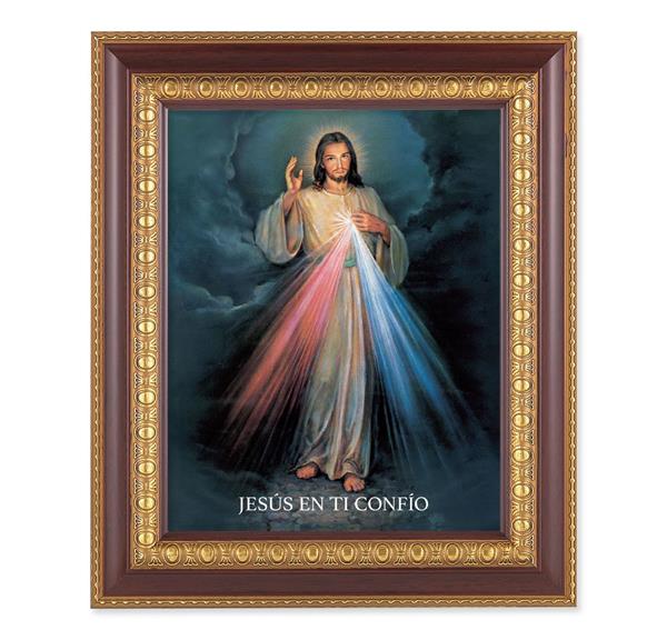 Spansh Divine Mercy, 11-1/2"x13-1/2, Cherry Finish with Gold Egg & Dart Frame, Italian Print Under Glass # 25965