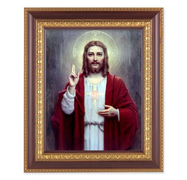Chambers: Sacred Heart of Jesus, 11-1/2"x13-1/2, Cherry Finish with Gold Egg & Dart Frame, Italian Print Under Glass # 25966